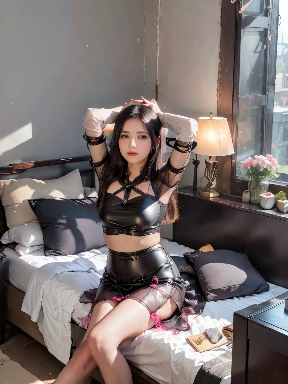 One Girl,(Bright lighting,Romantic atmosphere),fantasy background,,Black Hair, Captivating Gaze, , Soft leather, Captivating beauty, Artistic portrait, High quality images, Vibrant colors,Pink floral long sheer skirt, mosquito net, Romantic Bedroom, Side suspension,Solobound,,gag