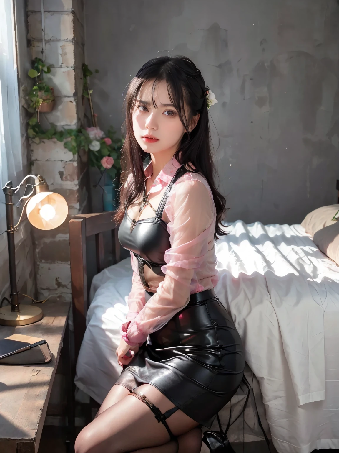 One Girl,(Bright lighting,Romantic atmosphere),fantasy background,,Black Hair, Captivating Gaze, , Soft leather, Captivating beauty, Artistic portrait, High quality images, Vibrant colors,Pink floral long sheer skirt, mosquito net, Romantic Bedroom, Side suspension,Solobound,,gag