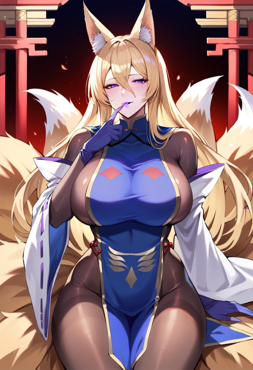 score_9, score_8_up, score_7_up, 1girl, milf, solo, monster girl, (kitsune:1.4), THYukari, (huge breasts), ((blonde hair, long hair, long sidelocks, hair between eyes, purple eyes, half-closed eyes, fox ears, fox tail)), purple lips, ((bodystocking, tabard, gloves)), (light smile, closed mouth), ((finger on own lips, temple))