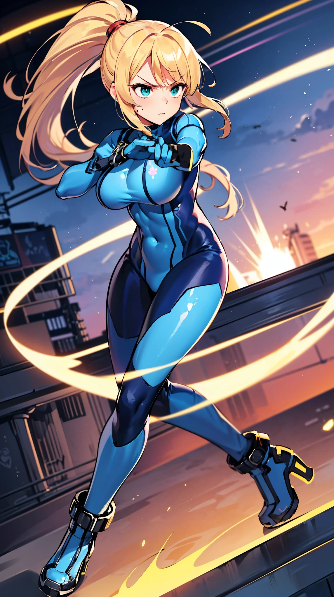 (a blonde heroine landing gracefully on a busy street:1.2), (high quality, super detailed, branded by Stan Lee, Jim Lee and Joe Bennet), trademark blue and white superhero costumes, (, a fearless look), with a modern city backdrop, (bustling streets, tall buildings, ).
