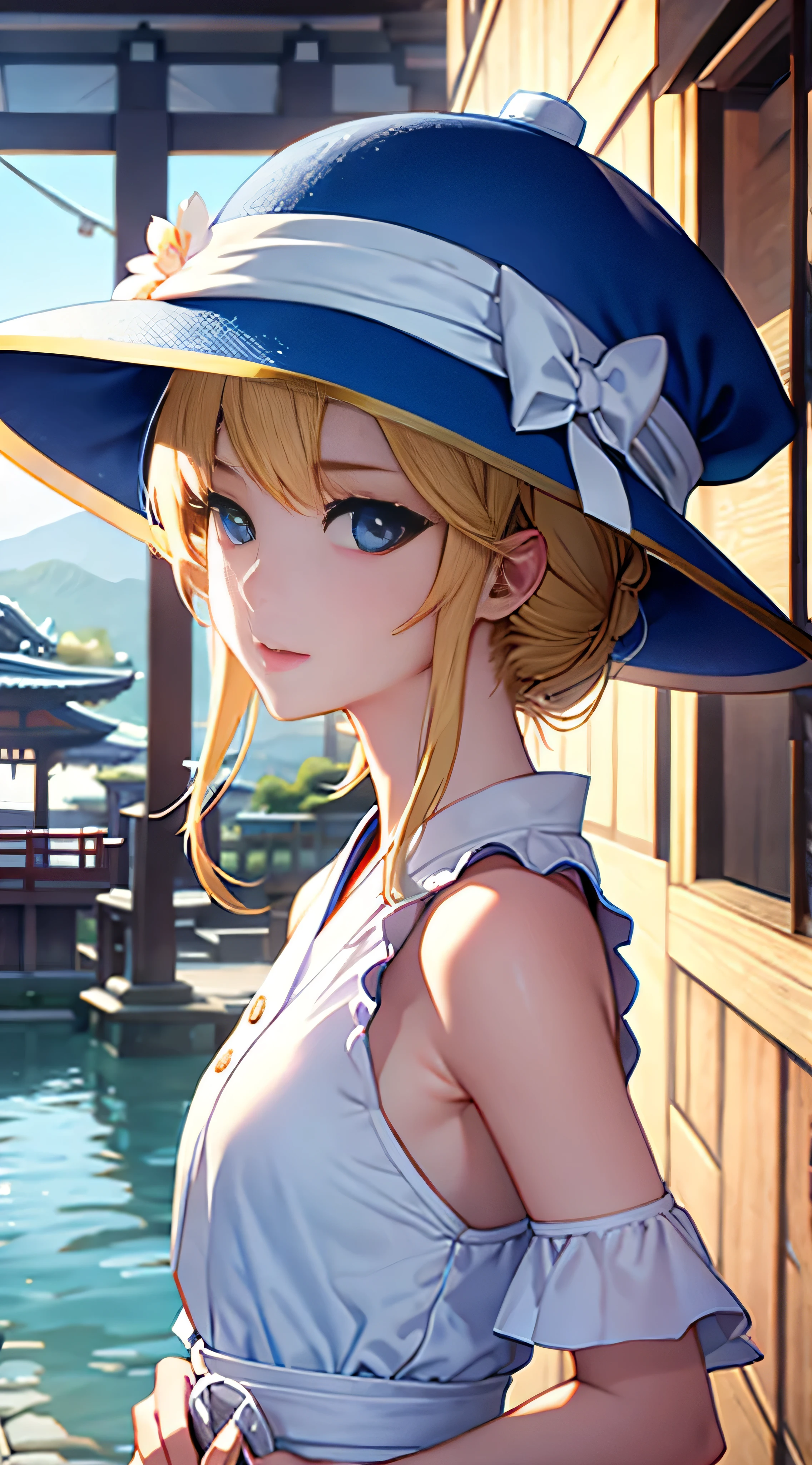 With high definition images，Portrait of a blonde girl in a blue hat and a white satin dress、Japanese temple background