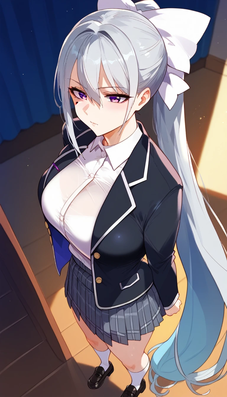 score_9, score_8_up, score_7_up, hk1, purple eyes, grey hair, hair between eyes, long hair, very long hair, ponytail, mole, mole under eye, bow, white bow、huge Breasts、
shirt, white shirt, necktiepurple necktieCardigan, skirt, grey skirt, plaid skirt, socks, white socks, loafers, black footwear, Take off your jacket、From the side、Upper Body、From above