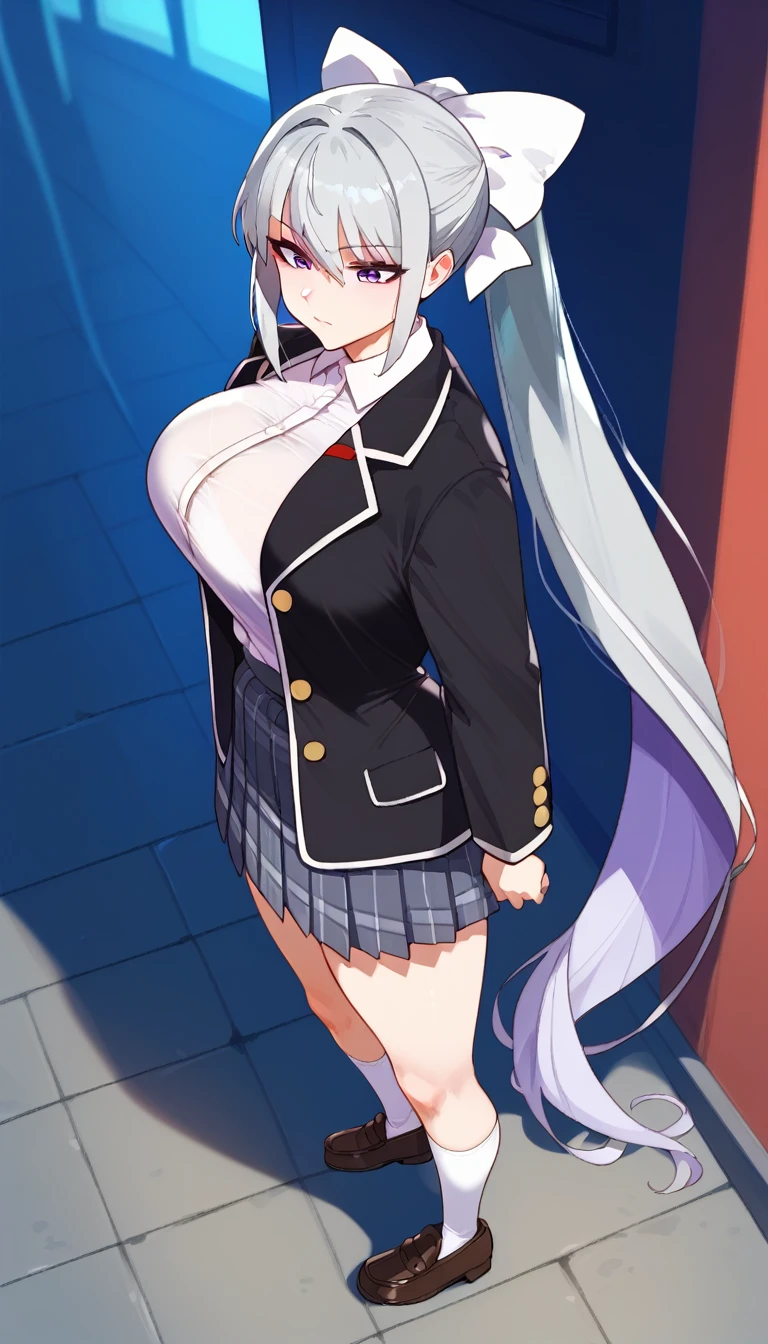 score_9, score_8_up, score_7_up, hk1, purple eyes, grey hair, hair between eyes, long hair, very long hair, ponytail, mole, mole under eye, bow, white bow、huge Breasts:2、
shirt, white shirt, necktiepurple necktieCardigan, skirt, grey skirt, plaid skirt, socks, white socks, loafers, black footwear, Take off your jacket、From the side、Upper Body、From above