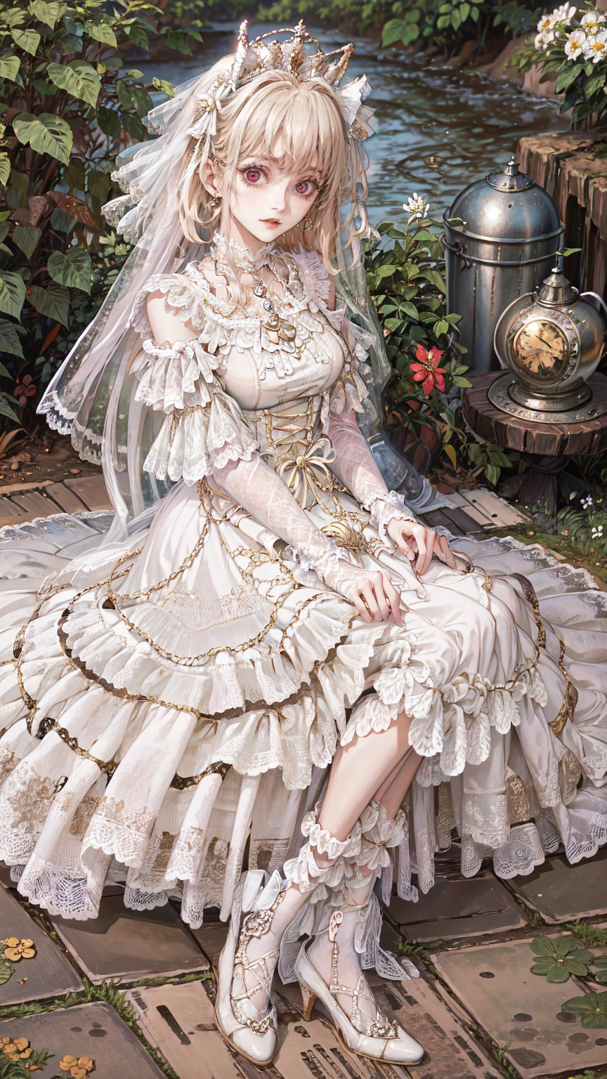 One girl, Alice, Alone, blue eyes, Blonde, blue hair bow, Long Hair, Short puffed sleeves, White apron, Blue Dress, White thighs, Small breasts, sweat, (Glowing Skin), Highly detailed outdoor environments, Beautiful Face, One beautiful girl, Taking a comfortable nap in the shade, ふしぎの国のAlice, Aliceは大きな木にもたれて眠っている, Beautiful Fields, The river flows, Aliceの周りに古い本が約5冊ある, One of them is open, トランプがAliceの周りにあり、About 10 playing cards are lying around, Hearts and diamonds are red, Spades and clovers are black, 1つのポケットウォッチがAliceの眠っている顔の近くに落ちている, Pocket watches are beautiful、Looks very expensive, Gentle Breeze, White Flower, peace, Story Scene,