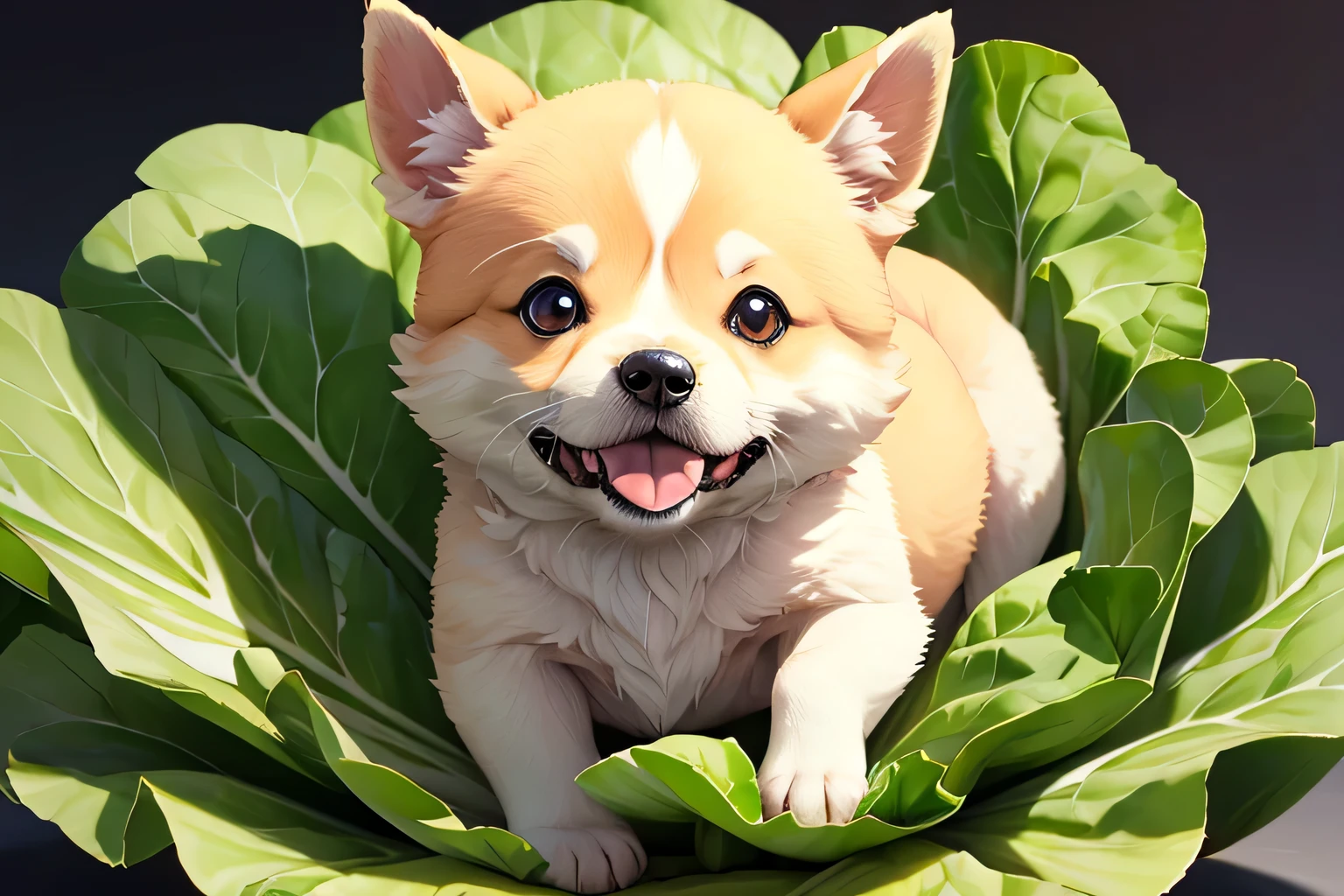 Japanese dog, puppy, eat lettuce, Holds cut lettuce leaves with its front paws and eats them, I like lettuce, かわいい, masterpiece, anatomically correct, high details, highres, HD