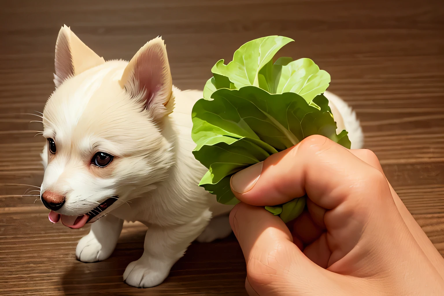 Japanese dog, puppy, eat lettuce, Holds cut lettuce leaves with its front paws and eats them, I like lettuce, かわいい, masterpiece, anatomically correct, high details, highres, HD