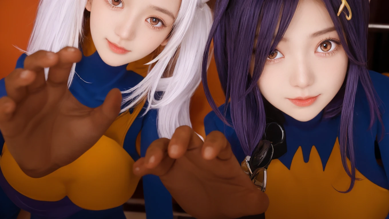 realistic, masterpiece, cinematic lighting, 8K, real life, real image details, intricate details, perfect color details, high brightness, medium contrast, hair shape details, eye image details, face shape details, real shining skin, a beautiful girl, 12 years old, long purple hair, middle bangs hair type, very neat hair shape, oval face shape, face blush, thin purple eyebrows, purple eyes, pink lips, open mouth, happy expression, short purple collared sleeveless shirt, open buttoned shirt, sexy body, wet body, showing big chest, nipple, arms smooth upwards, smooth armpits, 5 perfect fingers, palms holding hair, black shorts, touch the breasts. 