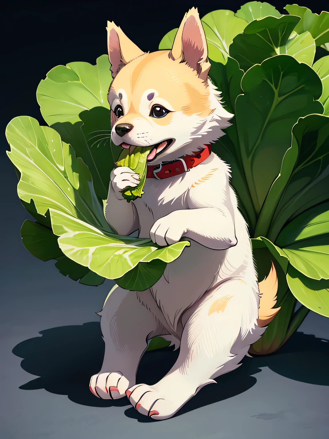 Japanese dog, puppy, eat lettuce, Holds cut lettuce leaves with its front paws and eats them, I like lettuce, かわいい, masterpiece, anatomically correct, high details, highres, HD