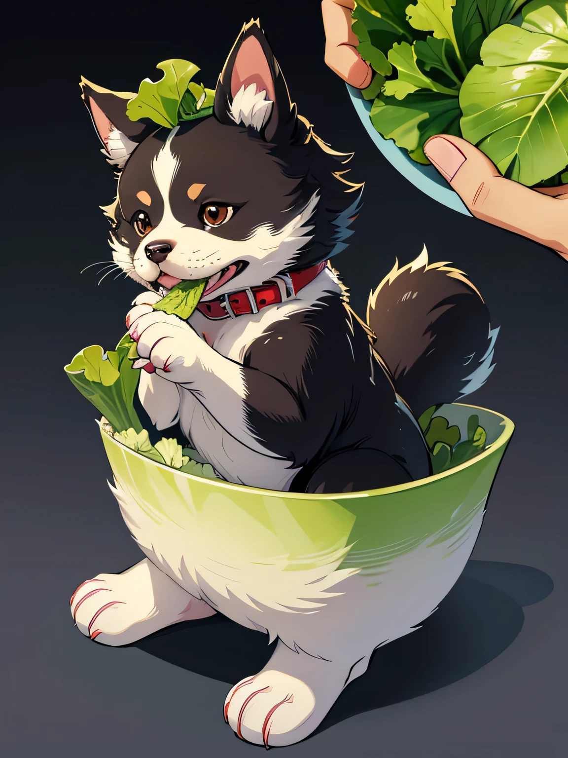 Japanese dog, puppy, eat lettuce, Holds cut lettuce leaves with its front paws and eats them, I like lettuce, かわいい, masterpiece, anatomically correct, high details, highres, HD