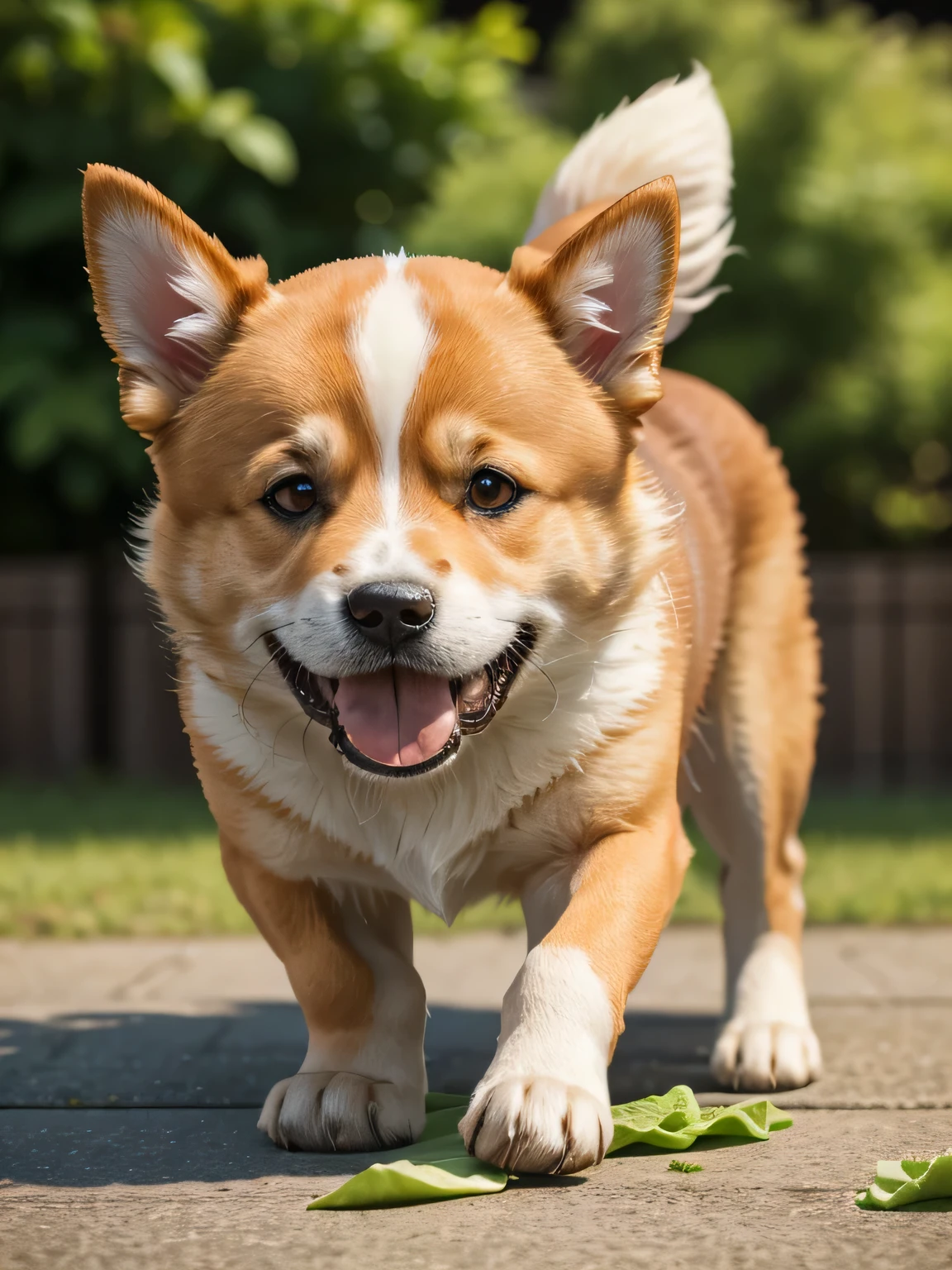 Japanese dog, puppy, eat lettuce, Holds cut lettuce leaves with its front paws and eats them, I like lettuce, かわいい, masterpiece, anatomically correct, high details, highres, HD