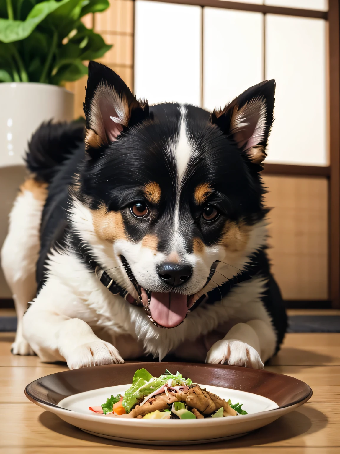 Japanese dog, puppy, eat lettuce, Holds cut lettuce leaves with its front paws and eats them, I like lettuce, かわいい, masterpiece, anatomically correct, high details, highres, HD