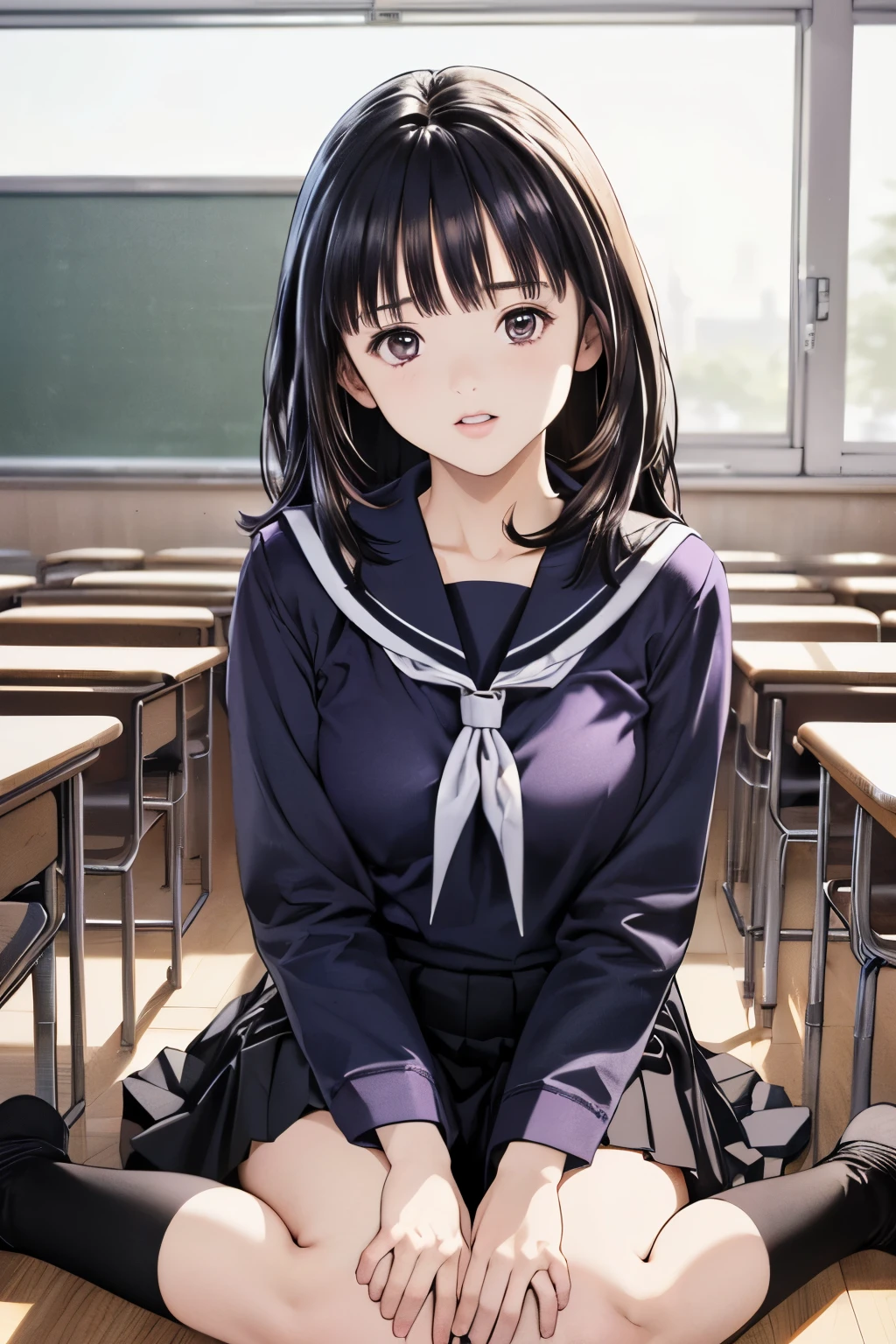 (8k、Best Quality、masterpiece:1.2)、(Realistic、Super detailed、Super A high resolution、Beautiful detailed face,Perfect body,(One girl,Long black hair),(School uniform,Sailor suit,Purple Shirt,Navy Skirt,White Thailand),Sitting on the floor,On your knees,In the classroom,throw,
