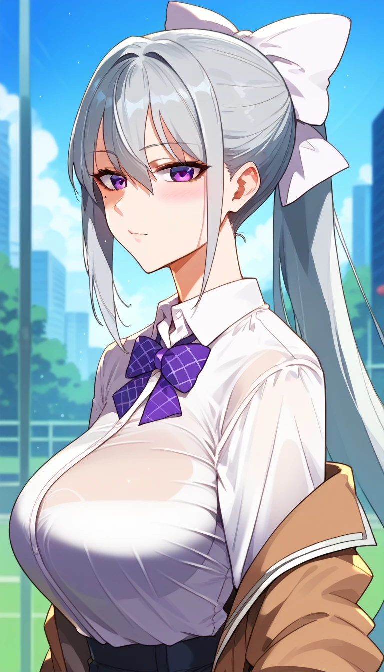 score_9, score_8_up, score_7_up, hk1, purple eyes, grey hair, hair between eyes, long hair,, ponytail, mole, mole under eye, bow, white bow、huge Breasts:2、
shirt, white shirt, necktiepurple necktieCardigan, Take off your jacket、From the side、Upper Body