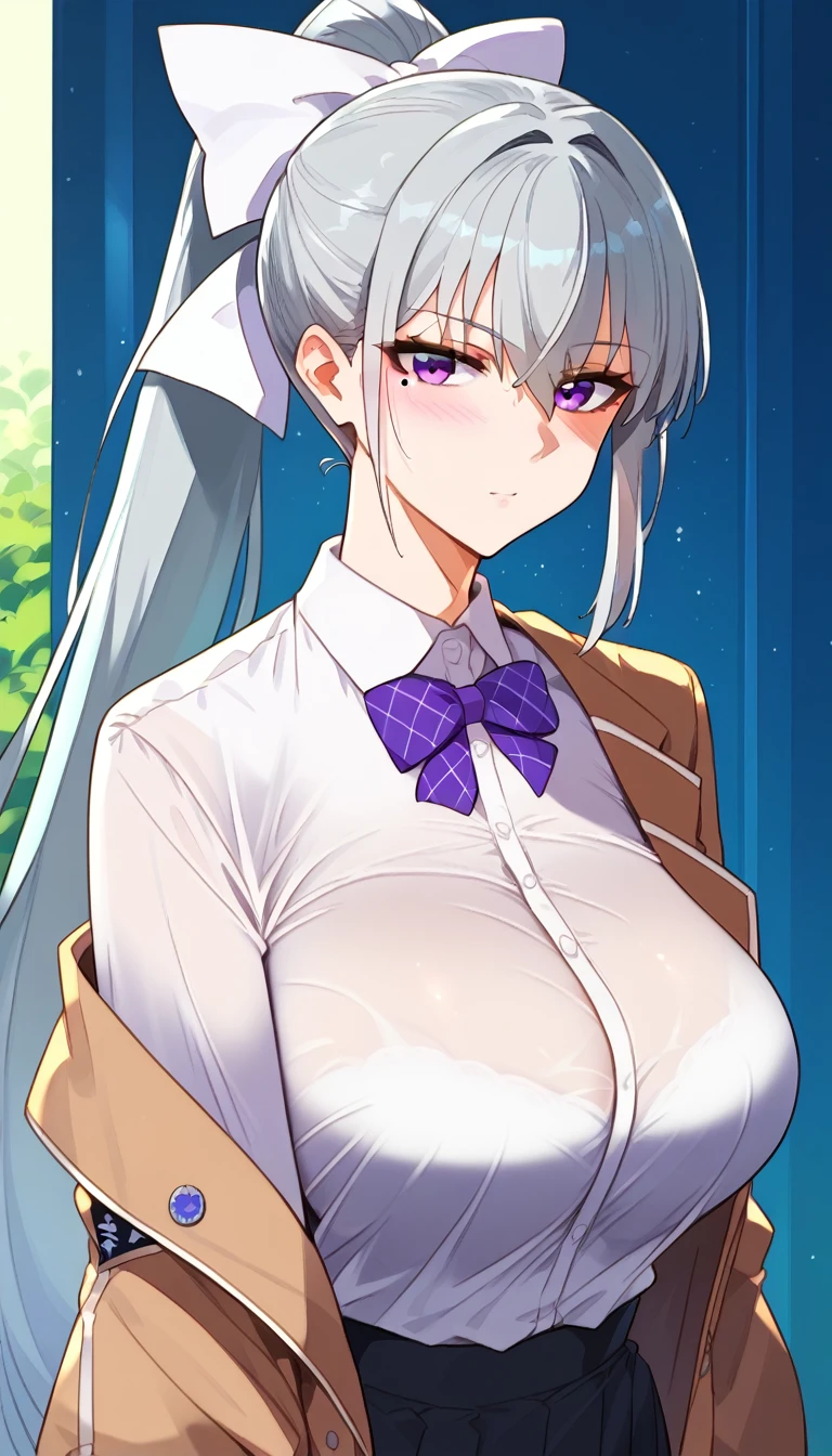 score_9, score_8_up, score_7_up, hk1, purple eyes, grey hair, hair between eyes, long hair,, ponytail, mole, mole under eye, bow, white bow、huge Breasts:2、
shirt, white shirt, necktiepurple necktieCardigan, Take off your jacket、From the side、Upper Body