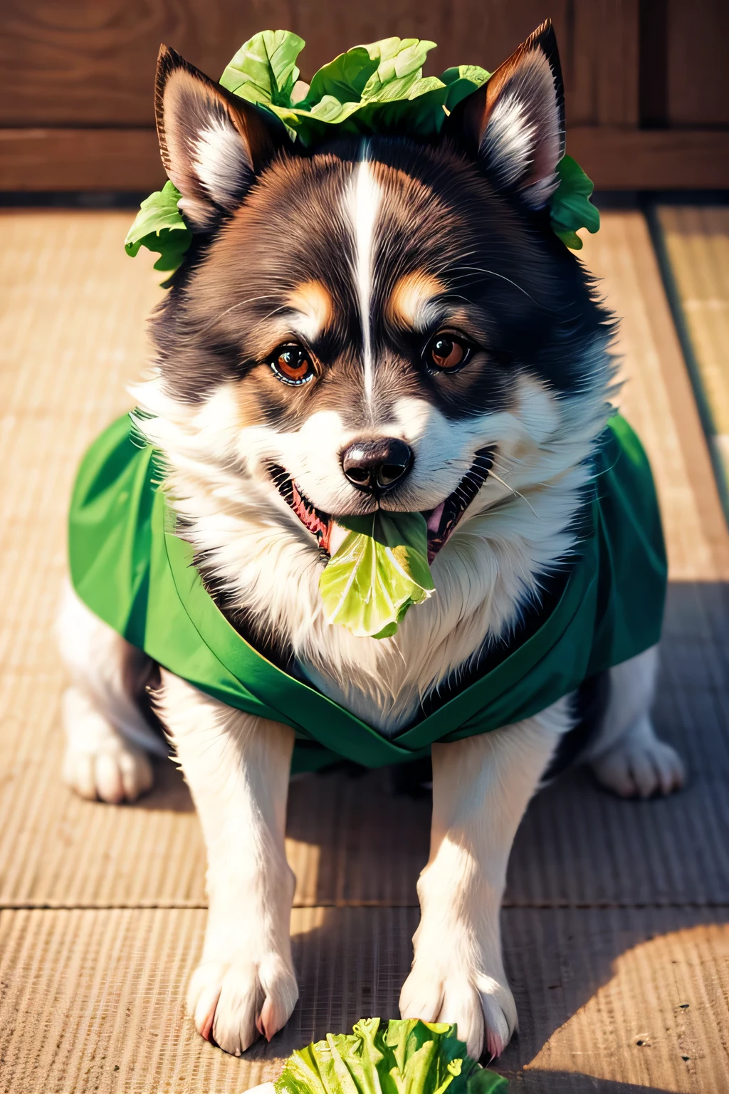 Japanese dog, puppy, eat lettuce, Holds cut lettuce leaves with its front paws and eats them, I like lettuce, かわいい, masterpiece, anatomically correct, high details, highres, HD