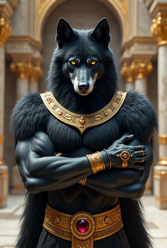 ((realistic)), upload on e621, by Garmash,Ruan Jia, darkgem, anthro, male, ((( detailed fluffy fur))), ((sitting)), detailed realistic painting, (((biceped))), (((shaded))) extreme detail, ((anubis)), loincloth, black body
