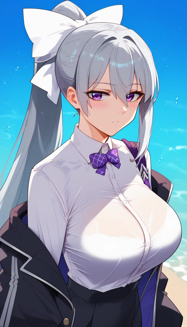 score_9, score_8_up, score_7_up, hk1, purple eyes, grey hair, hair between eyes, long hair,, ponytail, mole, mole under eye, bow, white bow、huge Breasts:2、Large, arched chest、
shirt, white shirt, necktiepurple necktieCardigan, Take off your jacket、From the side、Upper Body