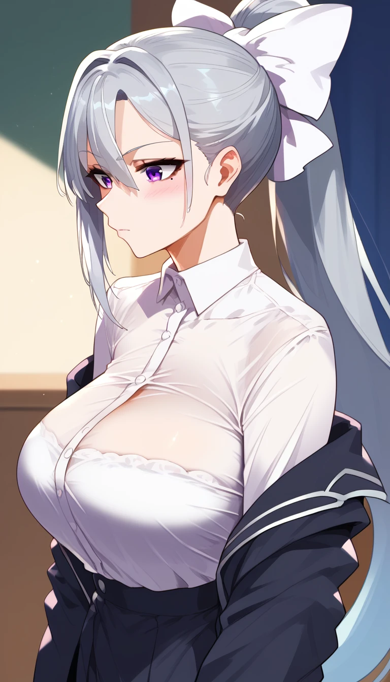 score_9, score_8_up, score_7_up, hk1, purple eyes, grey hair, hair between eyes, long hair,, ponytail, mole, mole under eye, bow, white bow、huge Breasts:2、Large, arched chest、
shirt, white shirt, necktiepurple necktieCardigan, Take off your jacket、From the side、Upper Body