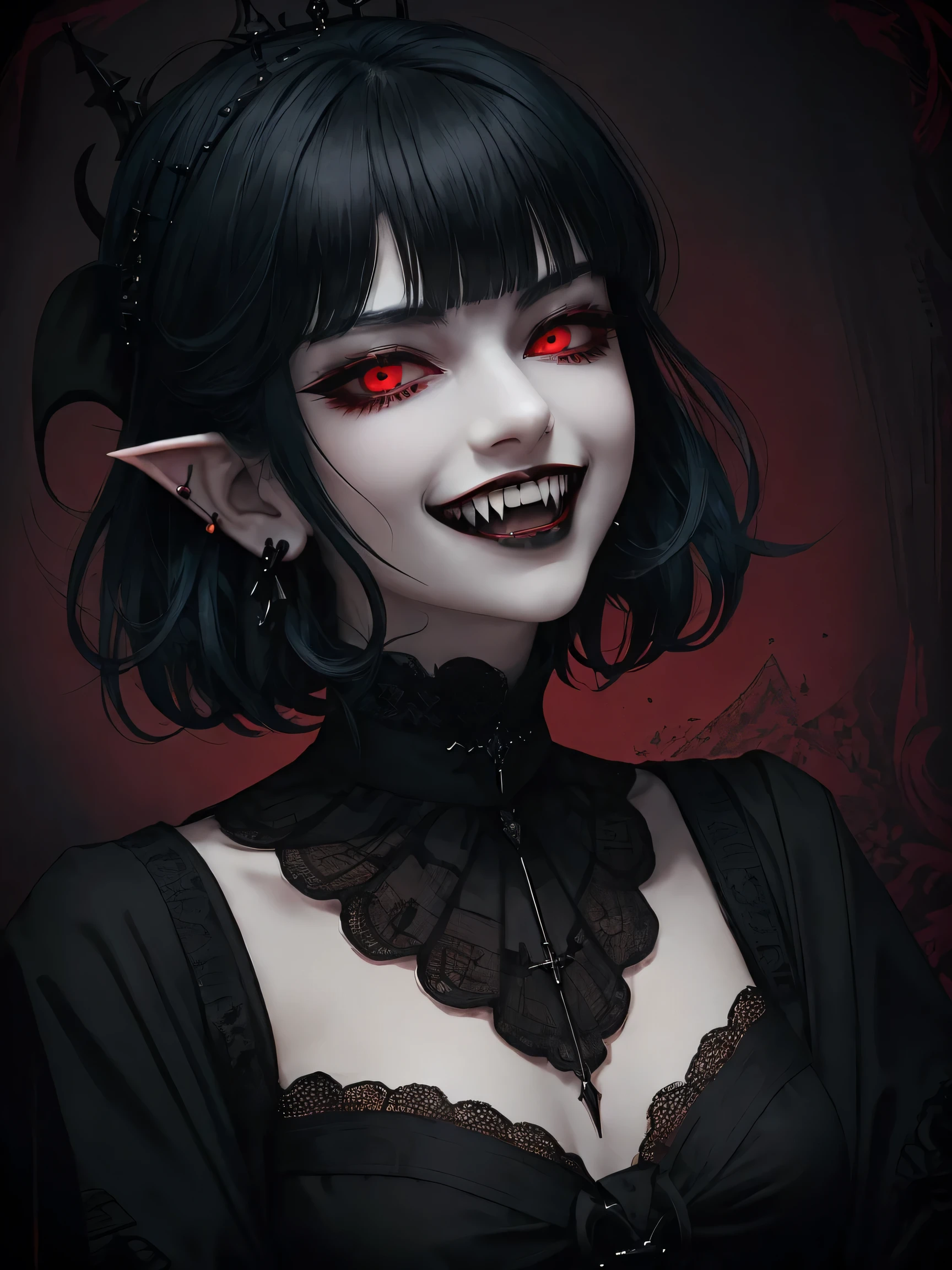 close up portrait of a vampire girl , blue hair,short hair, Yelan Genshin Impact, intricate dress, ((gothic)) aristogracy, red background,while smiling,big crown,red eyes,evil look,evil gaze.black earings,black rings,evil laugh,smile,YAMATO,fangs, Goth girl