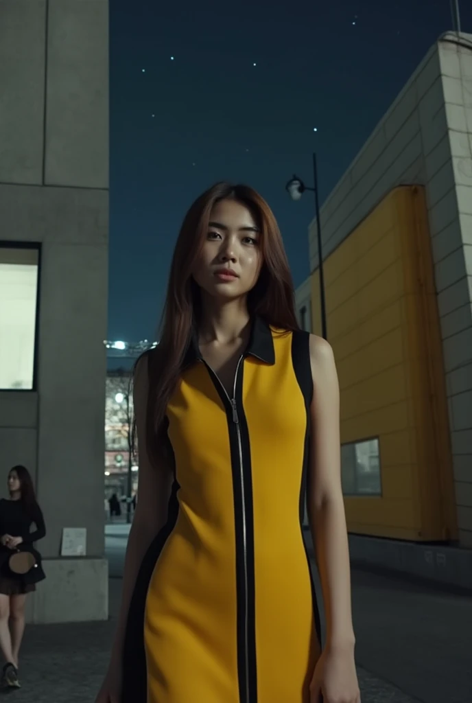 A woman with long dark brown hair stands confidently, wearing a vibrant yellow and black sleeveless dress with a sleek black collar. The silver zipper on her dress adds a touch of sophistication to the otherwise moody atmosphere. Against the backdrop of two contrasting buildings - one featuring gray and yellow panels, the other gray only - she poses with poise. In the distance, pedestrians move leftward across the frame, while the dark sky is punctuated by a few twinkling white stars.