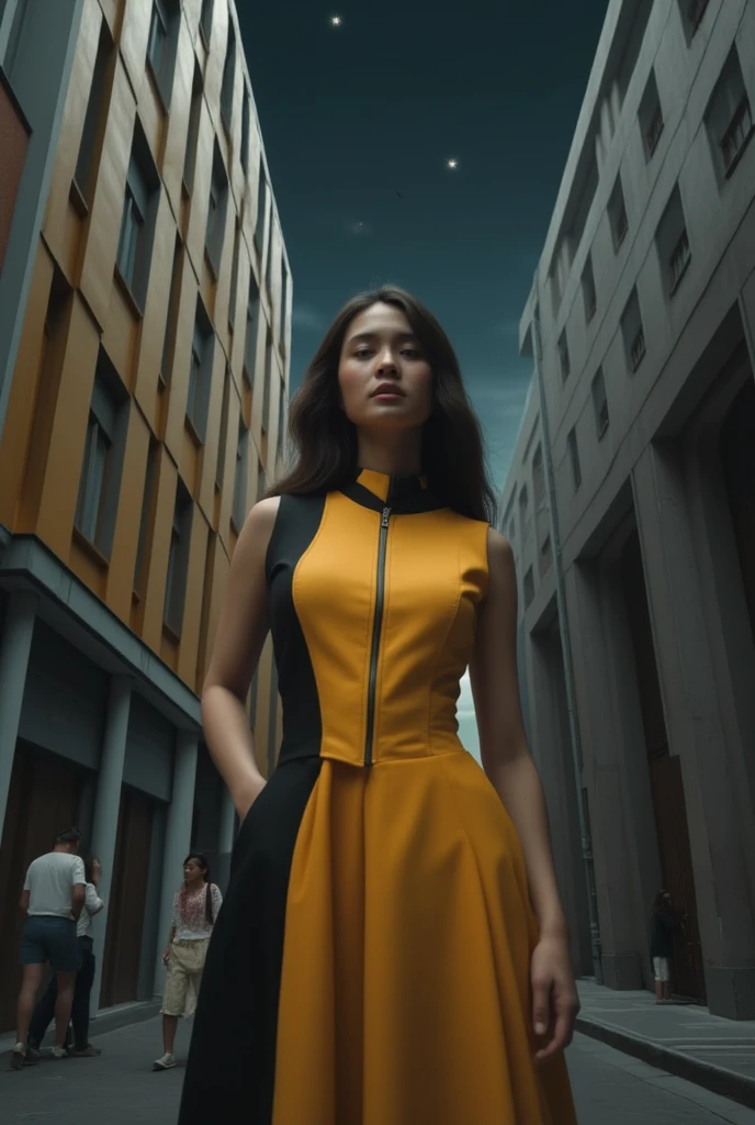 A woman with long dark brown hair stands confidently, wearing a vibrant yellow and black sleeveless dress with a sleek black collar. The silver zipper on her dress adds a touch of sophistication to the otherwise moody atmosphere. Against the backdrop of two contrasting buildings - one featuring gray and yellow panels, the other gray only - she poses with poise. In the distance, pedestrians move leftward across the frame, while the dark sky is punctuated by a few twinkling white stars.