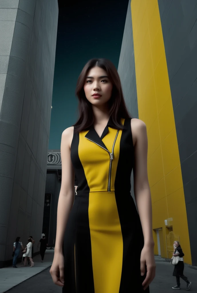 A woman with long dark brown hair stands confidently, wearing a vibrant yellow and black sleeveless dress with a sleek black collar. The silver zipper on her dress adds a touch of sophistication to the otherwise moody atmosphere. Against the backdrop of two contrasting buildings - one featuring gray and yellow panels, the other gray only - she poses with poise. In the distance, pedestrians move leftward across the frame, while the dark sky is punctuated by a few twinkling white stars.