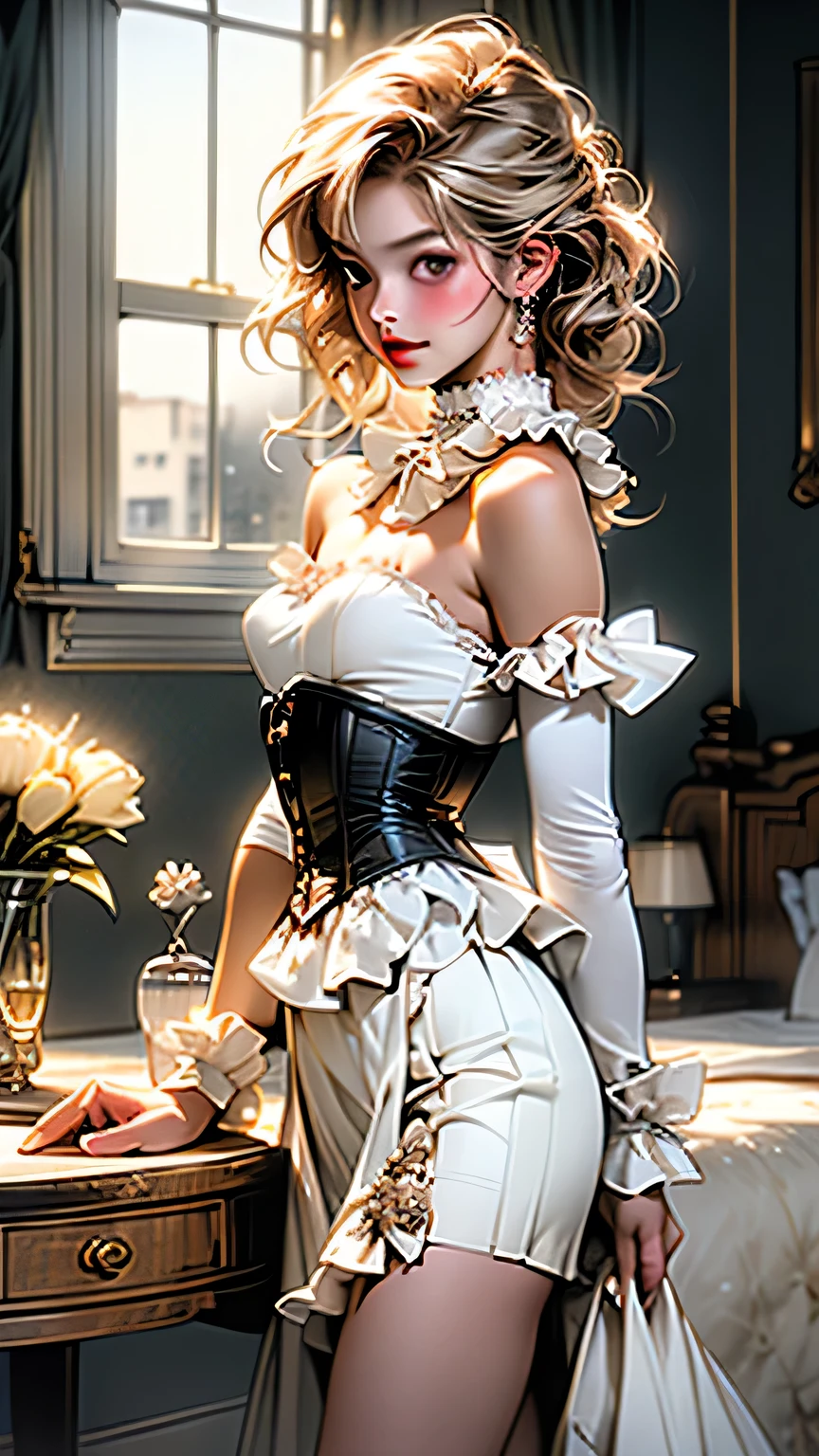 Front photo of a French maid， hair-bun， pony tails， Messy bun， Skirt lift， Skirt lift， （（（full bodyesbian）））， looking at viewert， the best quality masterpiece， Photorealistic and realistic， A detailed， during night， flash lights， 8K，  flash lights， color difference， Sharp focus， original color photo，huge bust，slenderlegs，adolable，eye glass，Delicate facial features，Delicate face，Delicate eyes，eye detailed，long leges，Huge bust，big breasts exposed cleavage