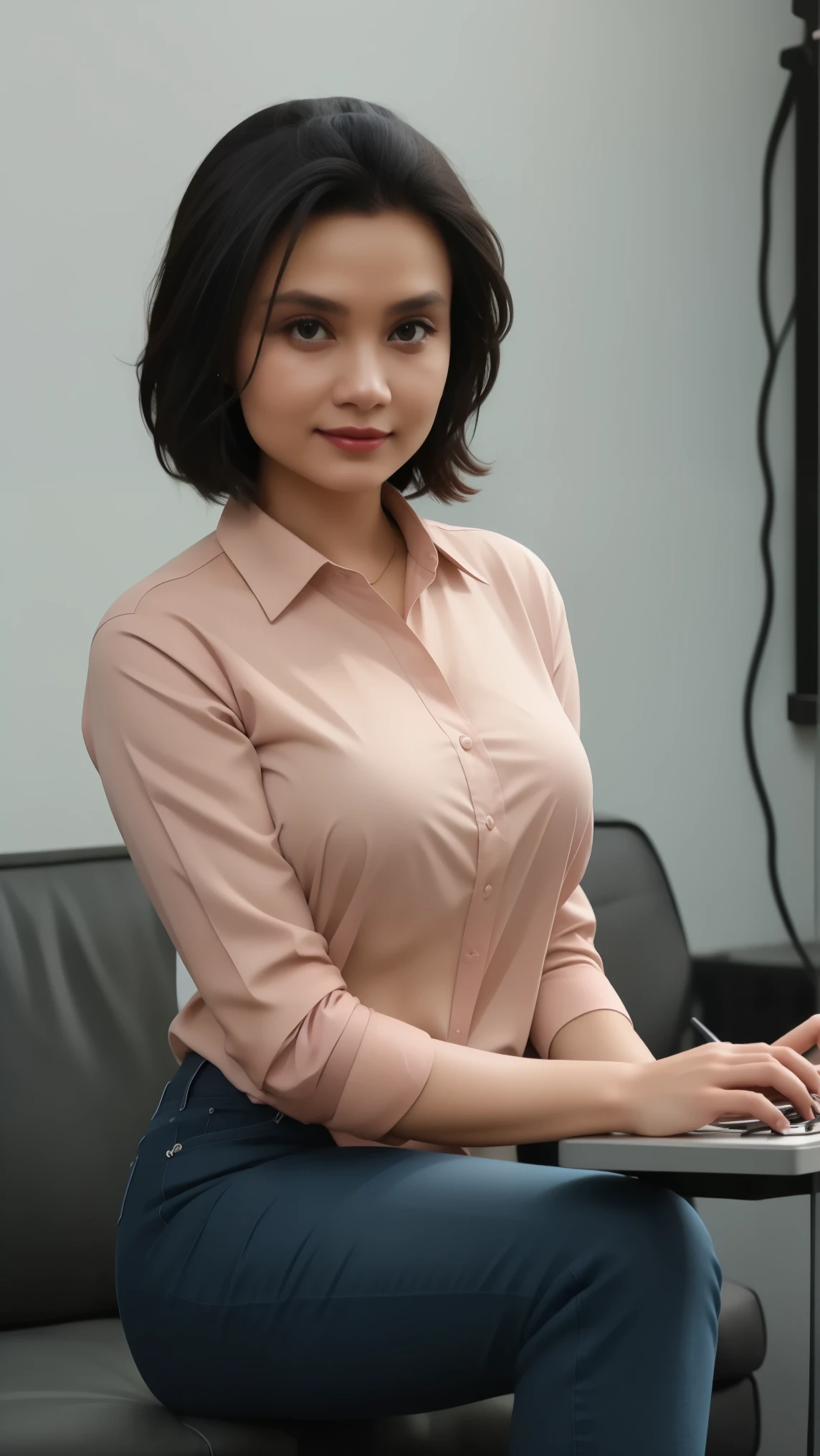 "A realistic half-body depiction of a female office worker wearing a collared shirt and jeans, sitting comfortably on a sofa in a modern office space that specializes in package delivery exhibitions. The collared shirt is neatly tucked into her jeans, providing a smart-casual look. She appears relaxed, perhaps with a laptop or documents nearby, showcasing a casual yet professional demeanor. The office background includes elements related to package delivery, such as posters or models of delivery vehicles, with neutral colors that emphasize her confident appearance."
