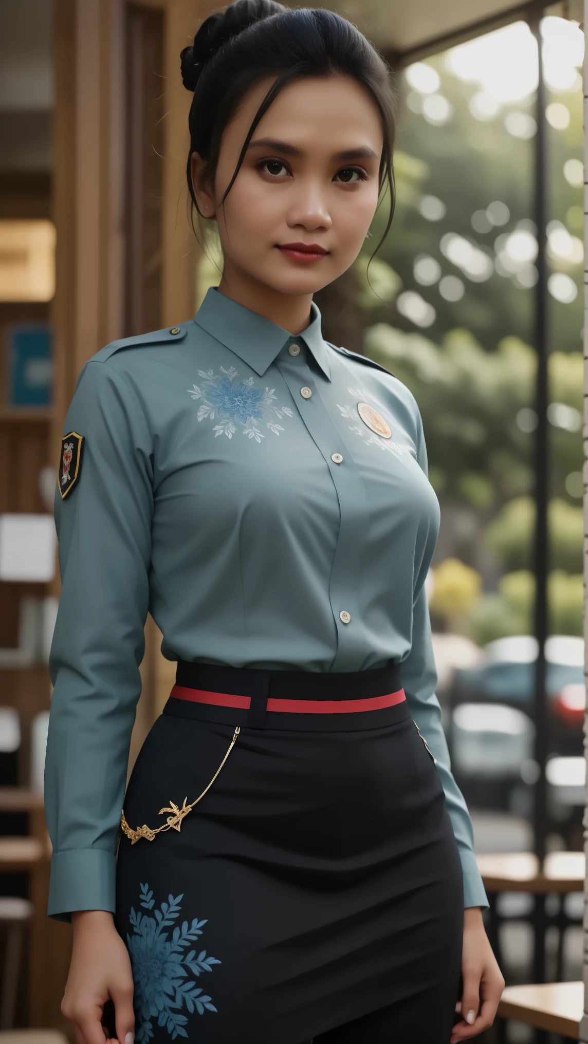 "A realistic depiction of an Indonesian civil servant wearing a Korpri uniform, with a focus on the uniform. The uniform consists of a blue batik shirt with intricate patterns and navy-blue trousers or a skirt for women. The emblem of Korpri is visible on the chest. The background is neutral to keep the focus on the uniform details, such as the pattern, color, and emblem placement. The individual is standing in a formal, upright posture, with no accessories that distract from the uniform itself."
