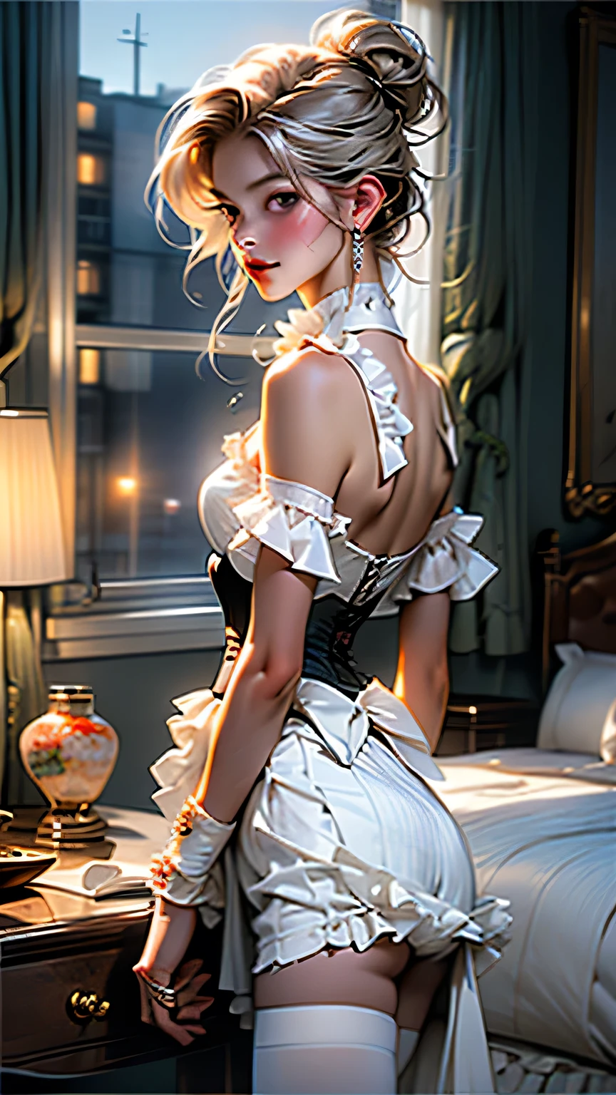 （Girl doing ballet pose by the window)、(Rear view)、(look back)、bright look、young shiny glossy white shiny skin、Best Look Rondo Reflective Light、Platinum blonde hair with dazzling highlights、shiny bright hair,、super long straight hair、Shining beautiful bangs、輝くクリスタルクリアな魅力的な大きな青いeye、She is a very beautiful and lovely girl,美しく細かいeye, beautifully detailed nose,(( whole body:1.5)),eyeが強調するメイク、royal style，comic style, , Scattered under the water, gorgeous details, nature background, ((cinematic)), dramatic lighting, table top、((Off-the-shoulder sheer white dress、Mini skirt type:1.4))、(Loose and fluffy perm:1.4)、1 girl、Ultra-realistic 8k CG, 絵に描いたようなperfectionな顔, perfection, clean, table top, professional artwork, famous works, perfectionな顔, beautiful face, 美しいeye, ((perfectionな女性の体)), alone,(An immersive atmosphere, chiaroscuro:1.5,bright light:1.2,bright lighting),(blush:0.5),attractive appearance,very detailed_eye,big,Beautiful and detailed background,Depth of written boundary,realistic:1.3, long shot, whole body,、((nipple))、(腫れぼったいeye:1.２)、 (slim legs),(Light hits your face and chest)、(((((underboob)))))、lower chest、oily skin、skinny、 (the underside of the chest is slightly visible),(eyeに見えるunderboob、I can see your belly button and ribs)、Hip bones and lower abdomen are visible、Flared skirt in navy blue、(lift the skirt）,