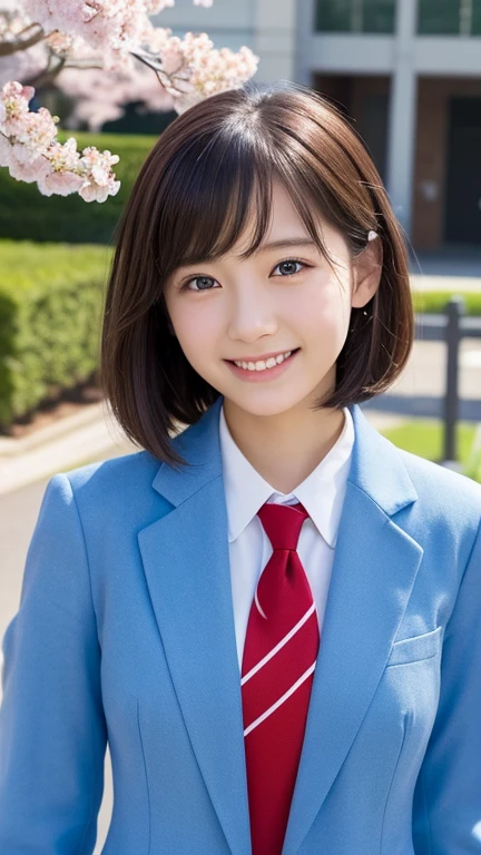 (photo Realistic:1.4), (hyper Realistic:1.4), (Realistic:1.3), (Smoother lighting:1.05), (Improving the quality of cinema lighting:0.9)、Natural Light、Cherry blossoms in full bloom、A girl in uniform standing in front of the school gate、美しいHigh school girl、Highly detailed official artwork、Realistic 3d style、超Realistic、(Smile like a smile)、Cute eyes、Beautiful girl with short hair、Attractive look、Smiling woman、High school girl, Blue blazer、school uniform、White shirt、Red Tie