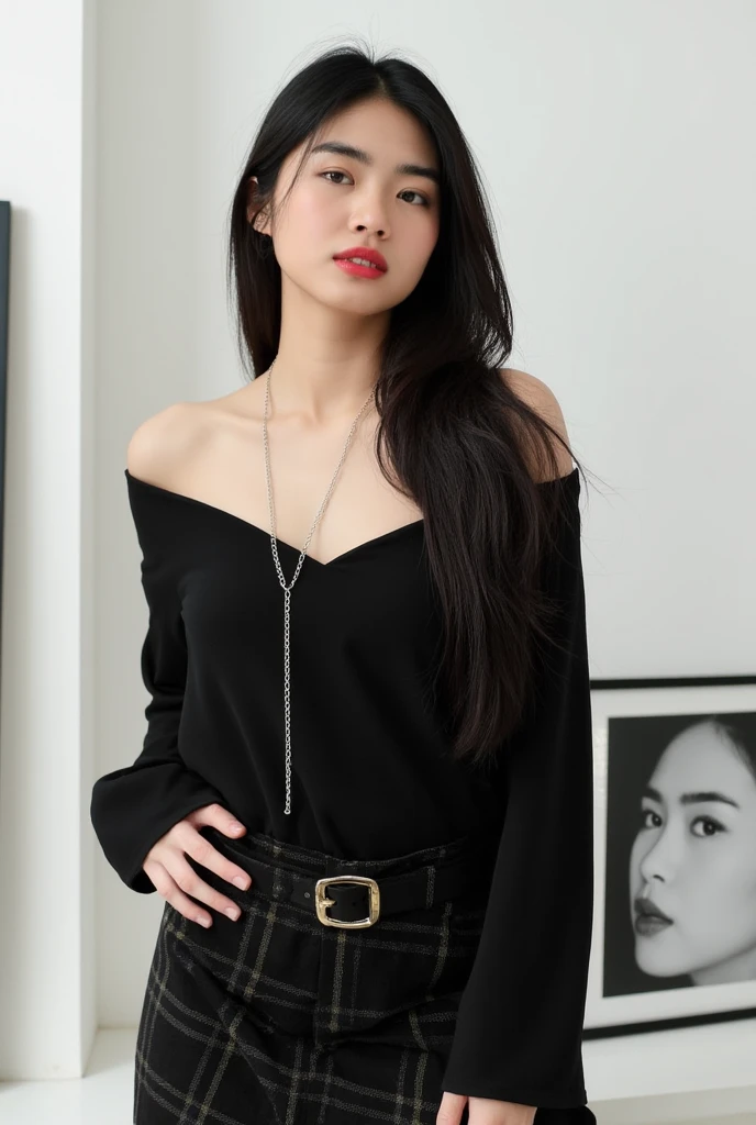 A young Asian woman stands confidently in front of a crisp white wall, dressed in a striking ensemble. Her long, dark hair cascades down her back as she wears a black off-the-shoulder shirt with long sleeves, paired with a plaid black skirt and matching belt featuring a gold buckle. A pop of vibrant red color accentuates her lips, drawing attention to her facial features. Around her neck, a silver chain adorns the necklace that catches the light. To her right, a framed black and white photograph of a woman's face adds an intriguing element to the scene, creating a sense of depth and visual interest.