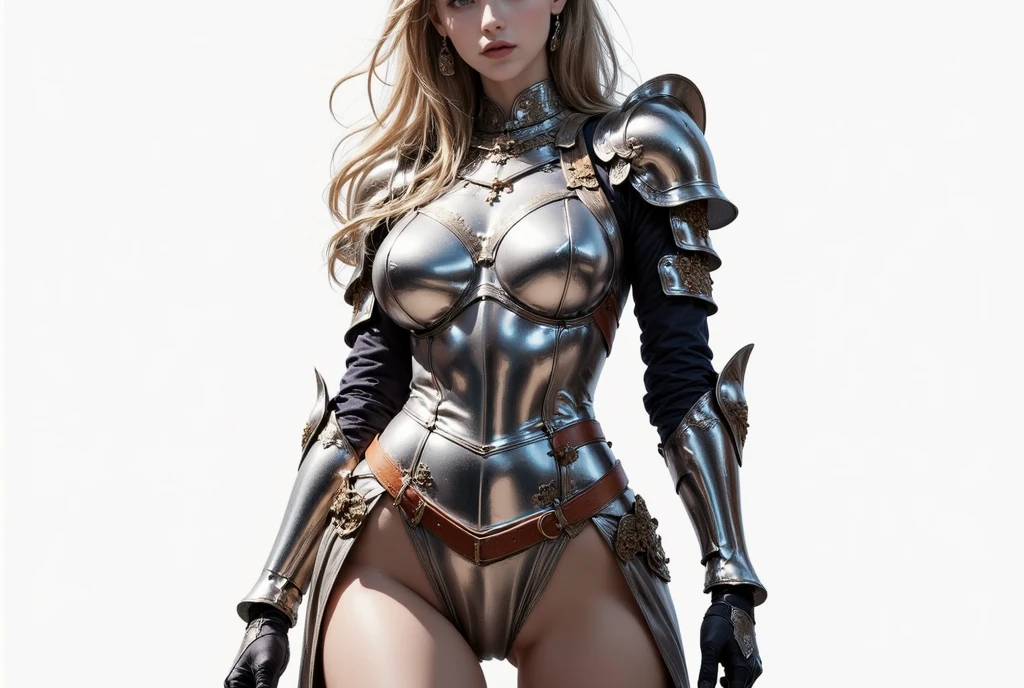 ((masterpiece, highest quality, Highest image quality, High resolution, photorealistic, Raw photo, Extremely detailed CG unified 8k wallpaper)), (Huge and stunning goddess shot, Very hot and sexy, Incredible beauty, Perfect Proportions, Beautiful body, Slim body beauty:1.4), (Medieval female knight, silver armor with gold ornaments, red cape, silver tiara on head:1.5), (Her long blond hair is tied back, Wearing armor on bare skin, red cape on back, harnessed in finely crafted, detailed armor, with a sword hanging from a thick belt:1.5), holding a shield (family crest, intricate design) in one hand, holding sword of gold in other hand, full body shot, fighting surrounded by 300 enemy soldiers on a chaotic battlefield, seen from below, female knight,