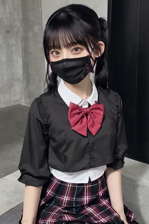 black mask,pink shirt,cosplay, jirai kei, bangs, black skirt, black bow, looking at viewer, bow, long sleeves, choker, ribbon,pink lips,Menhera、Pull up the skirt with both hands、Skirt Lift Up、twin tails、白いpanties、panties見せる、beautiful eyes、panties見せてください、underwear、Well-groomed eyes、panties,Urban streets
