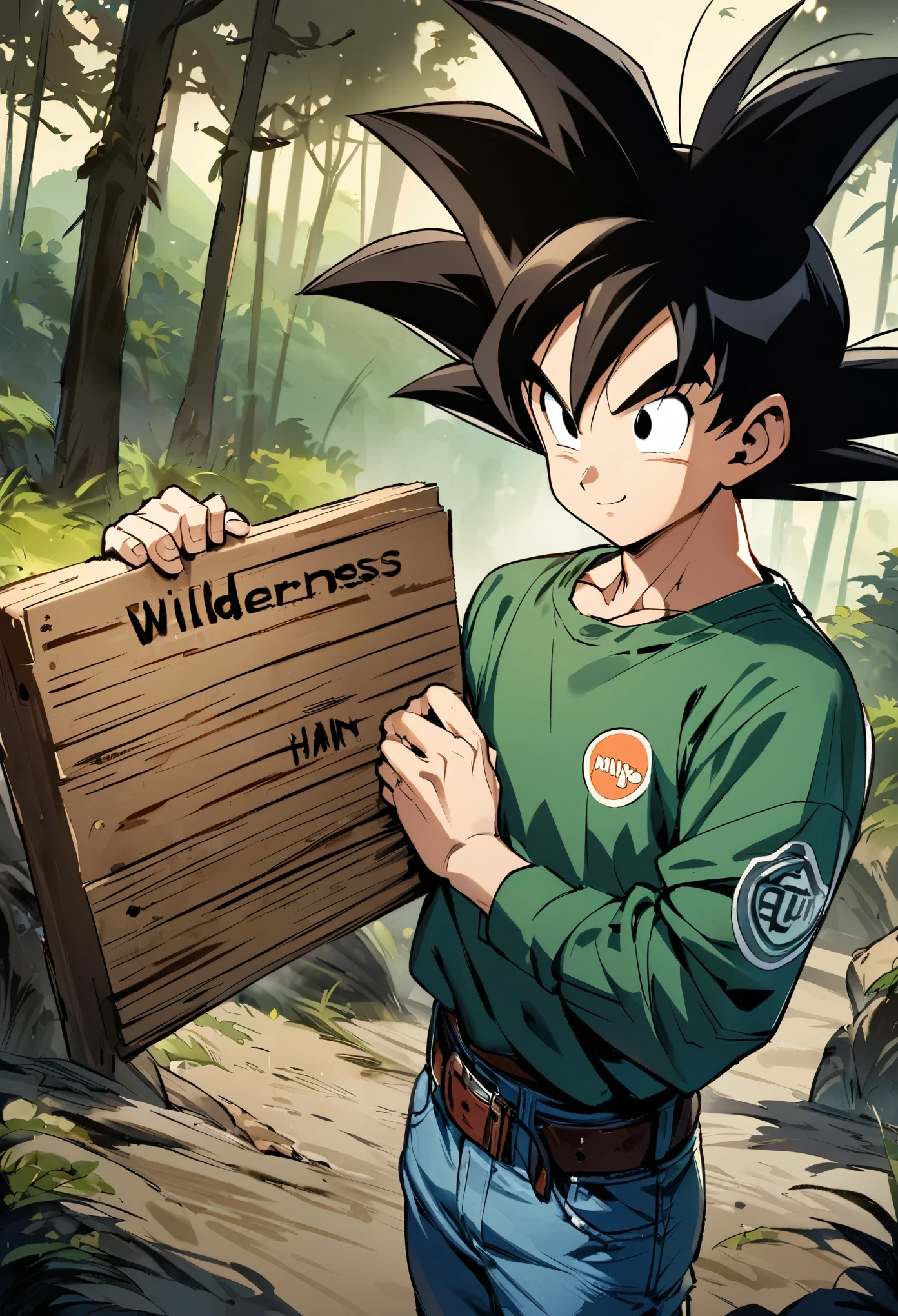 (masterpiece), The best quality, expressive eyes, Perfect face, highres, son goku,Alone,black hair,black eyes,1 ,male focus,belt, ,shirt,denim,standing, slight smile, looking at you, wilderness, (holding a blank sign with his hands) 