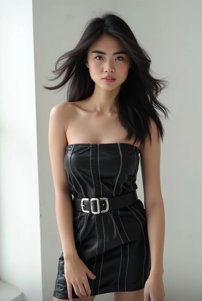 A stunning woman stands poised in a strapless black leather dress, highlighted by a bold white belt. Her dark brown hair flows like a waterfall over her shoulders, warming her porcelain-like complexion. The dress's textured stripes and sleek black belt with silver accents create a striking visual appeal. Against the stark white backdrop, a window on the left frames the scene, contrasting sharply with the woman's dramatic attire.