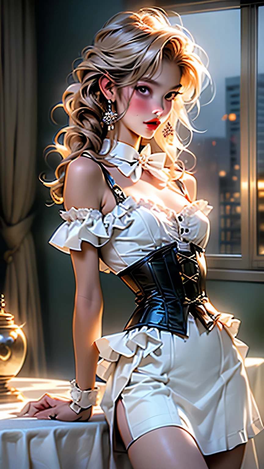 (Girl taking ballet lessons in the hall)The maid who fell in love with an aristocratic lady The maid who fell in love with an aristocratic lady (absurd, High resolution, Super detailed), Gefax employee, sleeveless ((black lingerie)), , long haired person, The short one is behind the woman. There is a window behind the woman.、Various buildings can be seen in the city (absurd, High resolution, Super detailed), Gefax employee, long haired person, another short woman, ((translucent white blouse, black mini skirt)), Underwear chewing, sexy pose, Lower body is thin, gaze by the window,