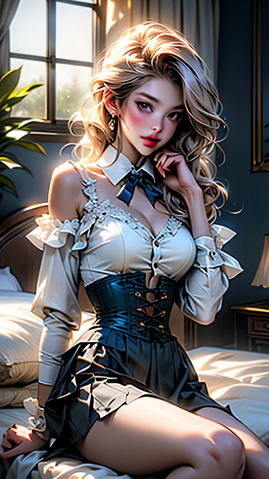 blonde woman, absurdities, raw photo, extremely delicate and beautiful, masterpiece, Best Quality, ultra high resolution, 32K, Hyper realistic, ultra detailed, perfect anatomy, super detailed skin, Perfect shape, super beauty, Perfect style, perfect balance, beautiful lighting, perfect lightning, realistic shadows, 20 years, very thin body, narrow waist, very small head, very small face, delicate facial features, Beautiful detailed woman, very detailed eyes and face., Realistic facial proportions, Beautiful realistic face, beautiful realistic eyes, crying mole, arete, very huge round breasts, legs, medium hair, Full body shot, interior, school_uniform, shirt, pleated skirt, socks, moccasins,