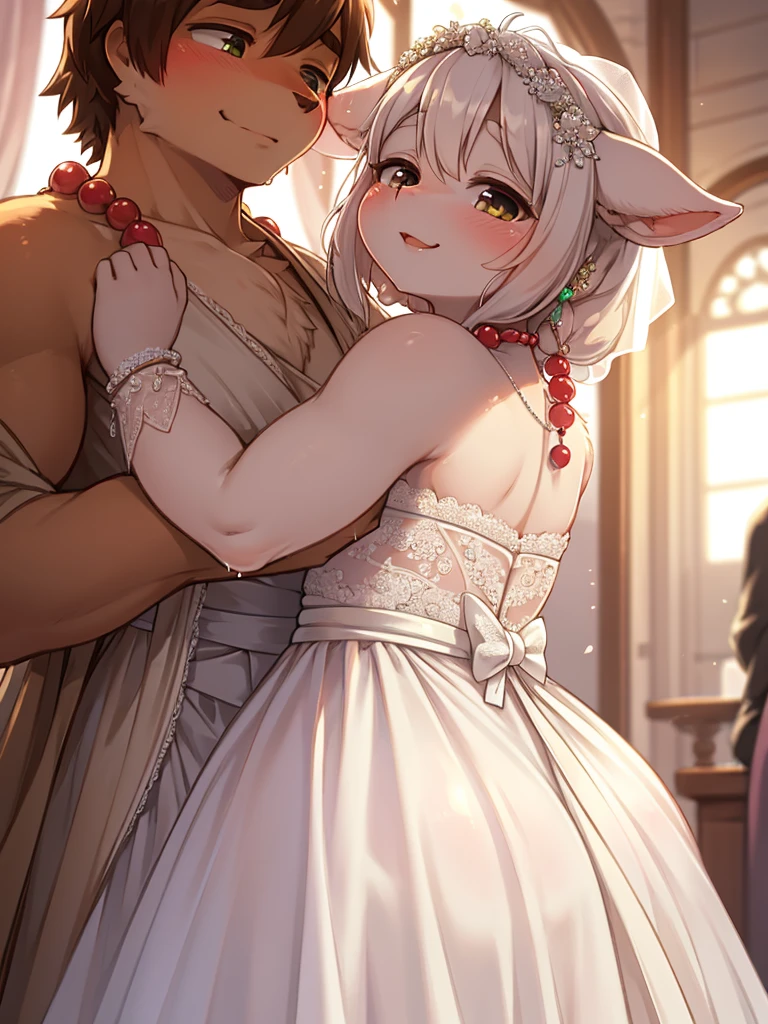 One furry cub black cat is going to marry cat furry cub white cat boy, church, petal shower, the bride boy is bottomless but wears pure veil, naked boys love, kissing, the groom wears white bow tie, short-height mini couple, toddler boys