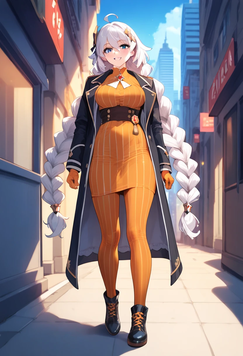 (masterpiece), (Best quality), (Very detailed), (high resolution), (8Khighres), (cel anime), (detailed beautiful face and eyes), (textile shading), (cowboy shot), (city), 1girl, orange pantyhose, long hair, braid, blue eyes, pantyhose, white hair, dress, hair ornament, ahoge, jacket, twin braids, breasts, shoes, striped, black jacket, star (symbol), very long hair, gradient, black footwear, long sleeves, striped pantyhose, blush, bangs, medium breasts, orange gloves, large breasts, vertical-striped pantyhose, akarilora, beautiful breasts, walking, smile,,