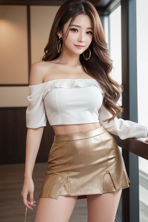 （Brown layered wavy hair）,Heavy makeup、(18 year old,two females,Japanese):1.2、8K, Seductive smile,tall：1.4、a small face、Nikon Z 85mm, ((Best Quality)) ,((masterpiece)), intricate detailes, Professional, Realistic, Photorealistic、 ((Strapless,Baretop midriff,Sexy mini skirt))：1.2、（Walking in the park）:1.2, large earring、（White Stretch knee boots with high stiletto heels、Pointed toe）：1.2、Full body shot