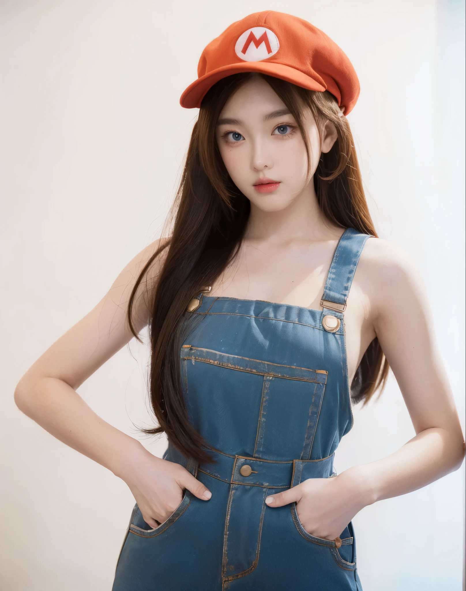 Masterpiece, best quality, 8k UHD, RAW photography, photorealistic, cinematic, 1girl, with long flowing hair, wearing a Mario costume of the videogames Super Mario, standing in a shy pose with her hands behind her back, magical atmosphere, simple white background, photography has an additional shade of of (white light:0.3), wearing a red hat and blue overalls, hat has a M letter at its center, female protagonist, asuka langley soryu, portrait of asuka langley soryu, full body zenkai! official art, professional cosplay of an anime character, mario bros costume, realistic and detailed blue eyes with solid pupils, eyes perfectly detailed and well made, hyper realistic, amazingly beautiful face, Thai Idol, 4EVE, half german half asian girl, hands behind her back, amazingly vivid natural orange red hair, well cared skin and hair