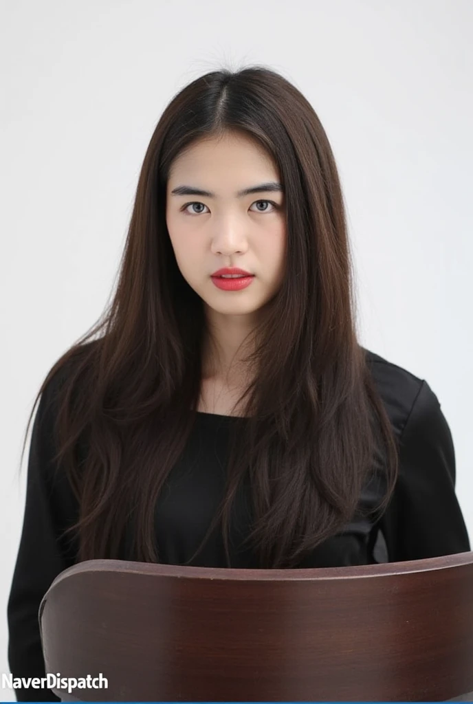 A woman with long, dark brown hair cascading down her shoulders frames her face as she sits on a dark brown wooden chair against a stark white backdrop. The bold red lipstick on her face adds a pop of color to the monochromatic scene. Her piercing blue eyes and deep red lips are highlighted by the simplicity of the composition. The chair's dark brown wood frame and NAVER DISPATCH watermark in the bottom left corner add depth and context to the image.