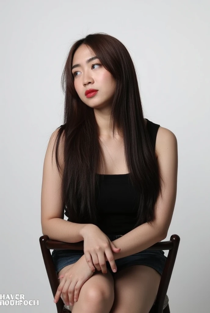 A woman with long, dark brown hair cascading down her shoulders frames her face as she sits on a dark brown wooden chair against a stark white backdrop. The bold red lipstick on her face adds a pop of color to the monochromatic scene. Her piercing blue eyes and deep red lips are highlighted by the simplicity of the composition. The chair's dark brown wood frame and NAVER DISPATCH watermark in the bottom left corner add depth and context to the image.