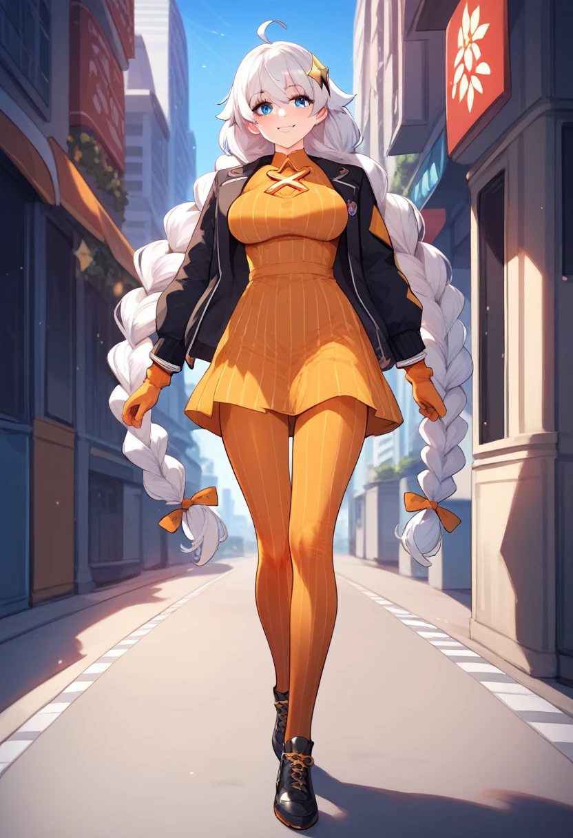 (masterpiece), (Best quality), (Very detailed), (high resolution), (8Khighres), (cel anime), (detailed beautiful face and eyes), (textile shading), (cowboy shot), (city), 1girl, orange pantyhose, long hair, braid, blue eyes, pantyhose, white hair, dress, hair ornament, ahoge, jacket, twin braids, breasts, shoes, striped, black jacket, star (symbol), very long hair, gradient, black footwear, long sleeves, striped pantyhose, blush, bangs, medium breasts, orange gloves, large breasts, vertical-striped pantyhose, akarilora, beautiful breasts, walking, smile,,