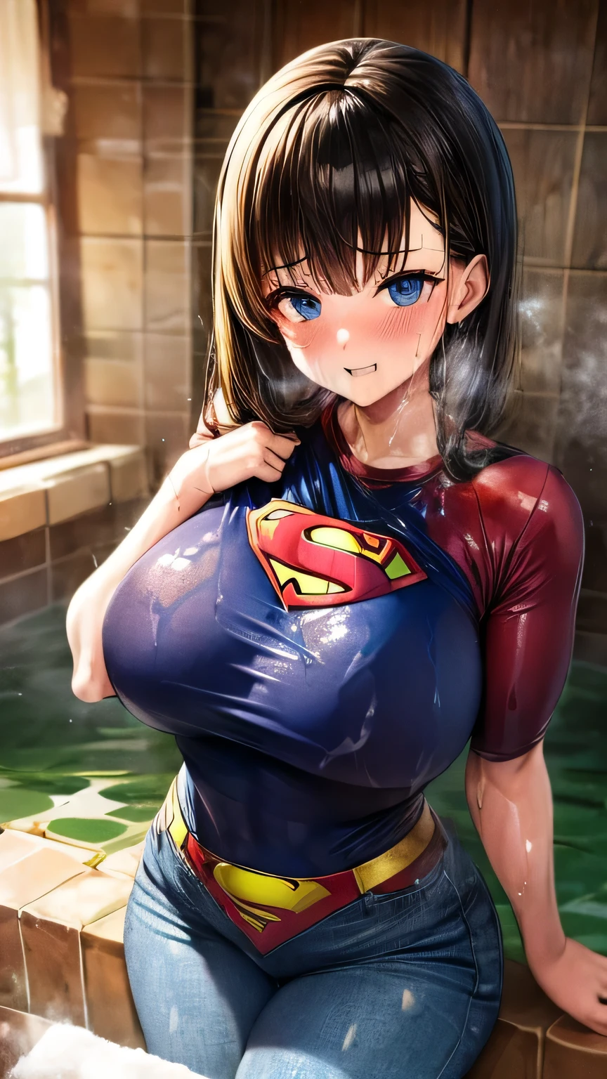 Soaking wet honey black hair, blue eyes, Huge round breasts with honey covered superman embroidered on t-shirt, soaking wet jeans, soaked oil infused wet blue volleyball logo t-shirt, vat of honey, (syrup on cottons wet blue superman emblem clothes) honey all over, (skintight clothes),(( covered in soaking wet spit cumshot wearing superman t-shirt )), ((full body superman cotton t-shirt completely submerged in bath of honey photo)) 