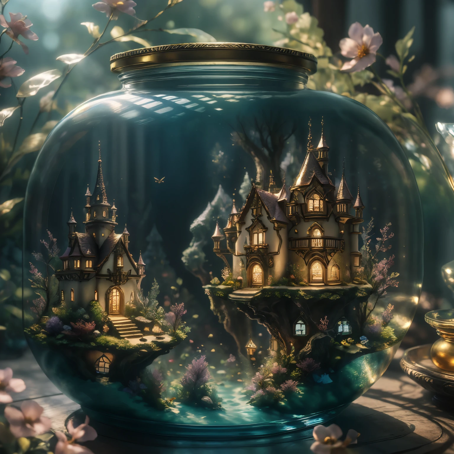 ((best quality)),absurdres,(ultra high res),octane render,(hyperrealistic:1.2), a glass jar with a house inside of it, beautiful render of fairytale, golden miniature, enchanted dreams, beautiful art, blurry background, (realistic:1.7), (8k), (Masterpiece),  (studio lighting),  