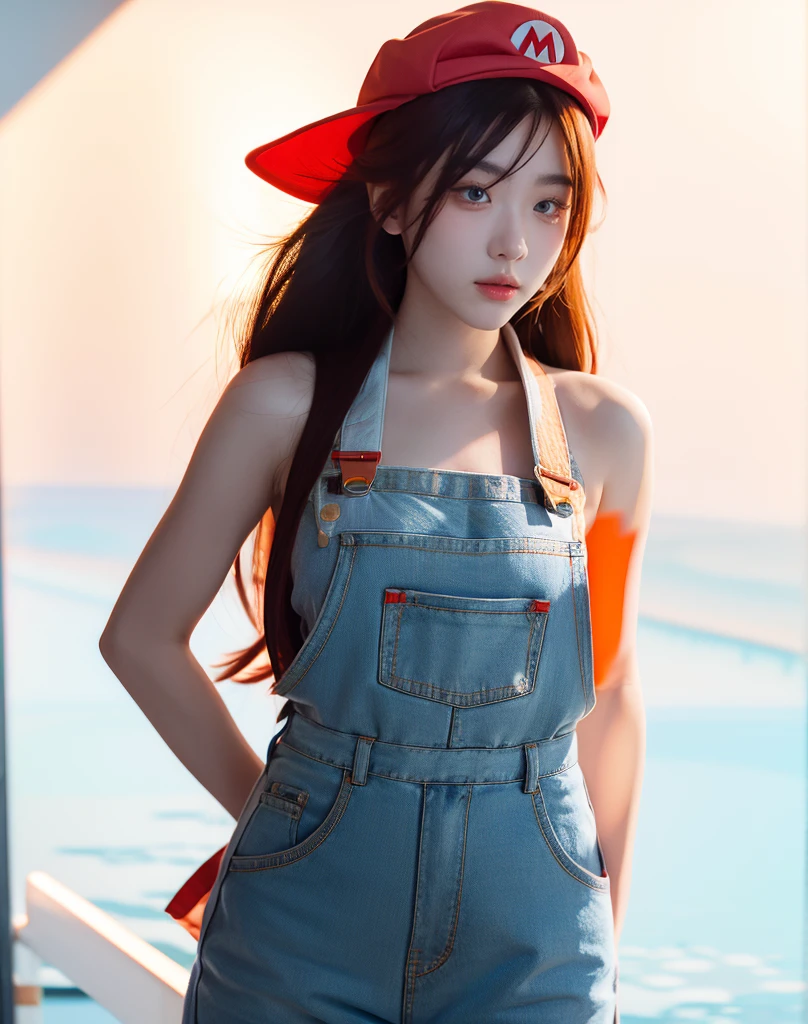 Masterpiece, best quality, 8k UHD, RAW photography, photorealistic, cinematic, 1girl, with long flowing hair, wearing a Mario costume of the videogames Super Mario, standing in a shy pose with her hands behind her back, magical atmosphere, simple white background, photography has an additional shade of of (white light:0.3), wearing a red hat and blue overalls, hat has a M letter at its center, female protagonist, asuka langley soryu, portrait of asuka langley soryu, full body zenkai! official art, professional cosplay of an anime character, mario bros costume, realistic and detailed blue eyes with solid pupils, eyes perfectly detailed and well made, hyper realistic, amazingly beautiful face, Thai Idol, 4EVE, half german half asian girl, hands behind her back:1, amazingly vivid natural orange red hair, well cared skin and hair, orange red hair:1