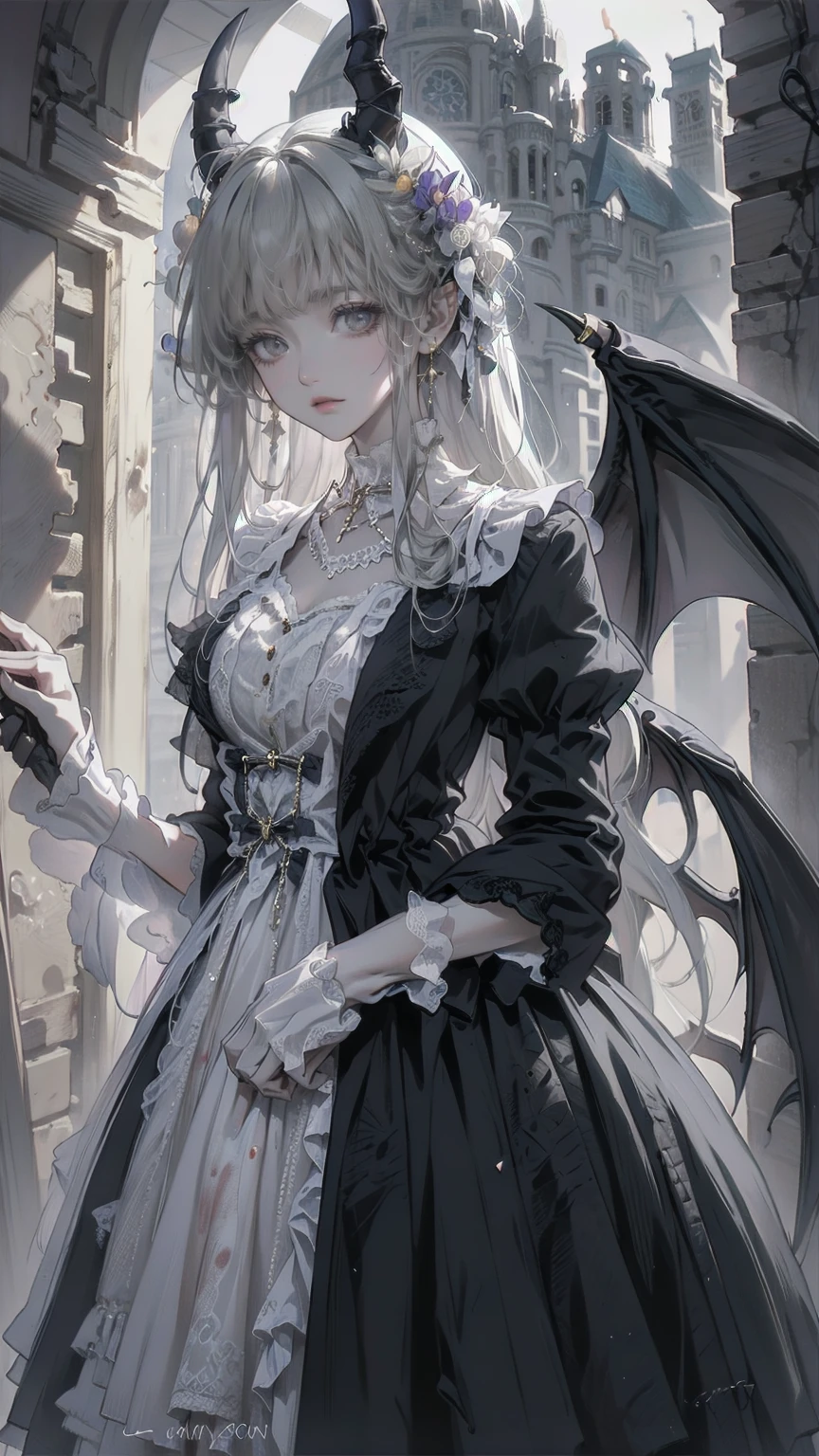 Highly detailed wallpaper, Extremely detailed, Detailed Shadows, Extremely precise and detailed, Highly detailed 8k wallpapers, Very beautiful 8K CG wallpaper,Old ruined church. . Her black dress is torn，There are stains in many places. Her Gray Hair is dull, Long and Disturbed. Light shines through a broken stained glass window。.Demon horns on head.It has bat wings on its back.tooth,(Best Writing, Extremely delicate and beautiful),(Best Writing, Extremely delicate and beautiful), (Beautiful and delicate face), (Detailed eyes and face:1.2), Dark fantasy, Alone, Cute Smile, Gray Hair, Dynamic Angle, vampire), (gaint vampire castle in background), (Red Moon, Red Sky), pointed_, tooth, Devil&#39;s Wings, Devil horns, There is blood on the face, Blood Rain, Blood Mist, (Depth of written boundary), High Contrast, (Blood splatter:1.4), Cowboy Shooting, whole body,Little b doll, Cool Beauty, Makeup, Affectionate and lewd expression, Captivating eyes, Yandere, Crazy Smile, Scary smile, Wicked Smile, A mean smile, Green, Malicious smile, Creepy Smile, Big Eyes, Big Mouth, compensate, Yellow fluffy messy wavy short hair, Ahoge, Straight bangs, Wearing a fluffy red gothic dress, Perfect proportions, BREAK Halloween Effect, Fog filter effect, Glitter effect, BREAK Orange background, Purple and black paper cutting and shadow art, Low Bit Mosaic, Spiral random color change effect, Destroy delicate and dynamic textures, Light and shadow contrast, 2.5D, Artistic photography, Surreal, Digital Graphic CG, Break Super Details, The perfect solution, Best Quality
