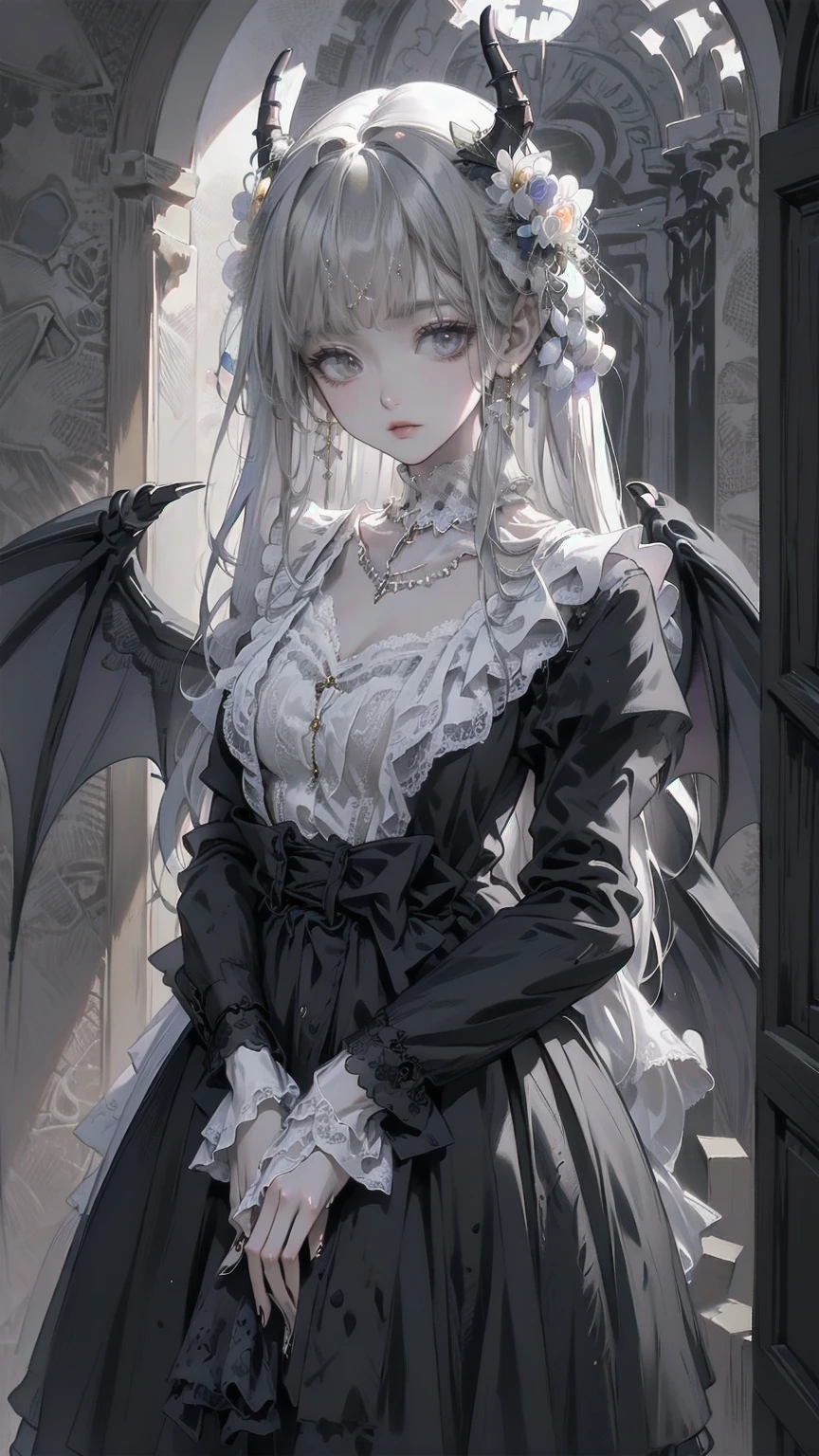Silver Hair,Maid outfit,gal girl,Surrounded by white dragons,8k分辨率,More details,Higher quality,Perfect Composition,Cinematic lighting,(Tokisaki Kurumi)